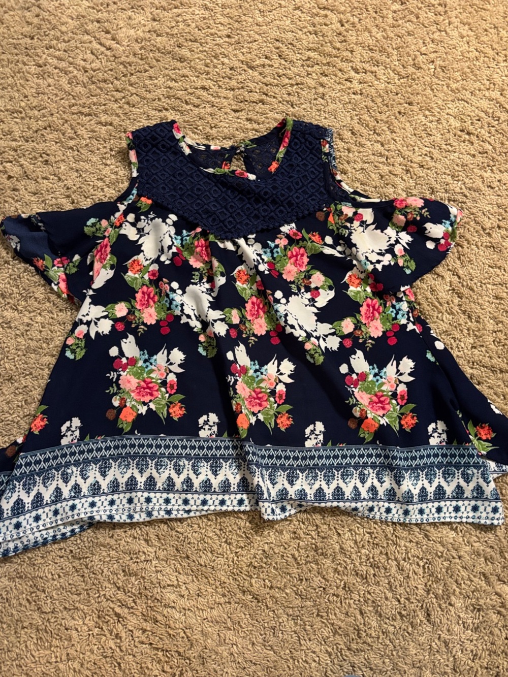 Belle Du Jour Navy Floral Cold-Shoulder Blouse with Crochet Yoke